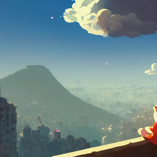 Image similar to giant fat fluffy cute caracal floating above a mountain city with lot's of clouds, detailed, cory loftis, james gilleard, atey ghailan, makoto shinkai, goro fujita, studio ghibli, rim light, exquisite lighting, clear focus, very coherent, plain background