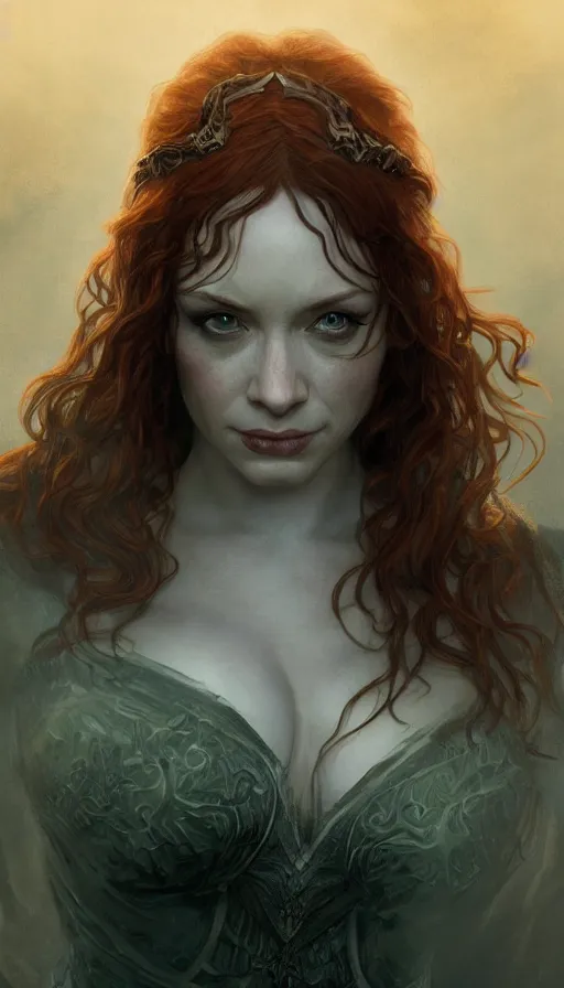 Image similar to christina hendricks, lord of the rings, sweaty insane, intricate, highly detailed, digital painting, artstation, concept art, smooth, sharp focus, illustration, unreal engine 5, 8 k, art by artgerm and greg rutkowski and alphonse mucha