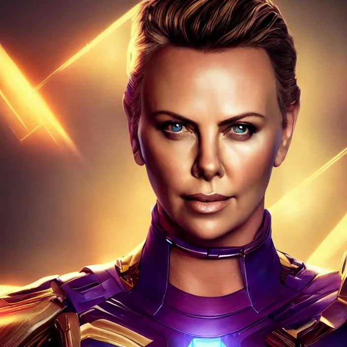 Image similar to portrait of ((Charlize Theron)), wearing The Infinity GAUNTLET. THANOS SNAP. intricate artwork. octane render, trending on artstation, very coherent symmetrical artwork. avengers. thanos. cinematic, hyper realism, high detail, octane render, 8k, iridescent accents