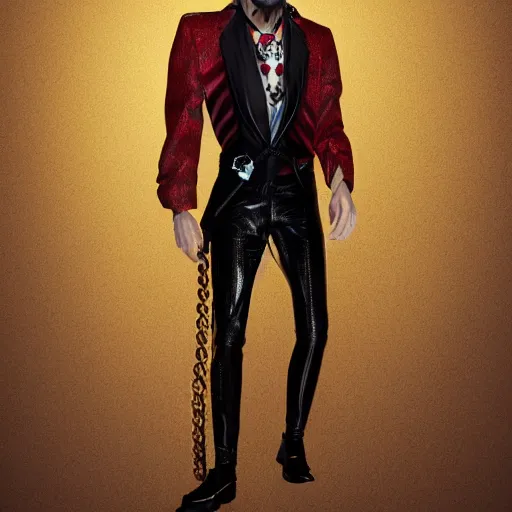 Image similar to a highly detailed full-length man with blond hair, a dark beard, in black and red clothes, with a gold chain and a gold belt, artstation, DeviantArt, professional, octane render