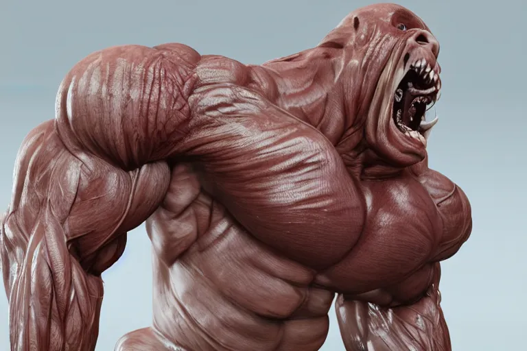 Image similar to a giant disgusting body builder made of muscles and flesh, very angry, teeth, ambient light, terror, glows, realistic, photo-realism, hyper realism, picture, detailed, 3D render, scary, distant shot, in the distance,