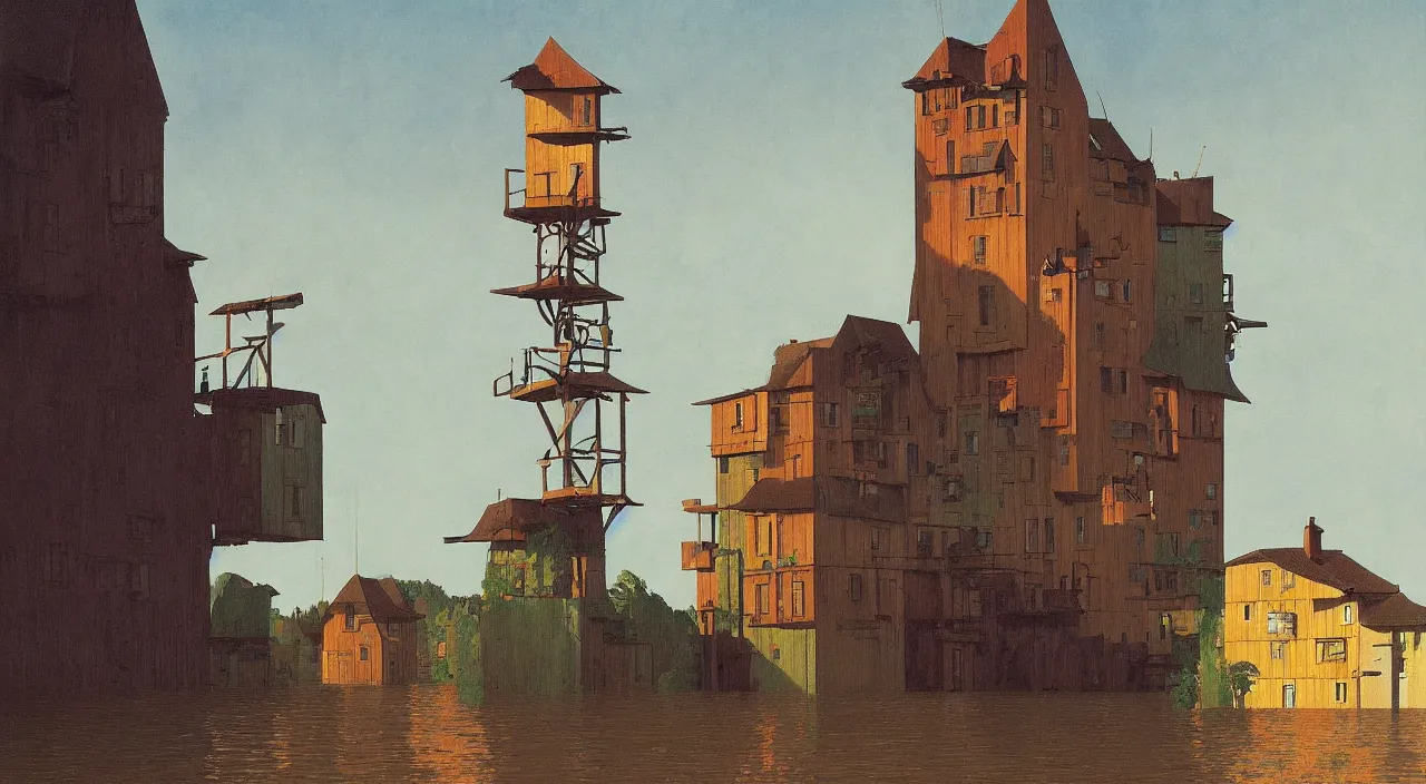 Prompt: single flooded simple bloated wooden tower, very coherent and colorful high contrast!! masterpiece by rene magritte simon stalenhag carl spitzweg syd mead norman rockwell edward hopper james gilleard, minimalist, dark shadows, sunny day, hard lighting