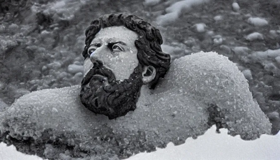 Image similar to 1 9 6 0 s movie still close up of marcus aurelius dirty face frozen to death under the snow on a river's shore with gravel, pine forests, cinestill 8 0 0 t 3 5 mm b & w, high quality, heavy grain, high detail, texture, dramatic light, anamorphic, hyperrealistic, detailed hair foggy