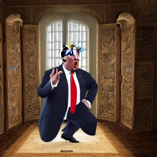 Image similar to trump crying as a large man dances on him from behind in a prison cell, intricate detail, finely detailed, small details, extra detail, photorealistic, high resolution, vray, hdr, hyper detailed, insane details, intricate, elite, ornate, elegant, luxury, dramatic lighting, octane render, weta digital, micro details, 3 d sculpture