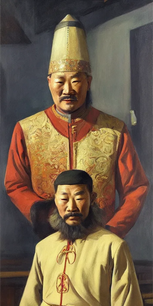 Image similar to a stunning and noble highly detailed portrait of genghis khan by edward hopper, trending on artstation, oil painting masterpiece, symmetry, mysterious, very very very aesthetic