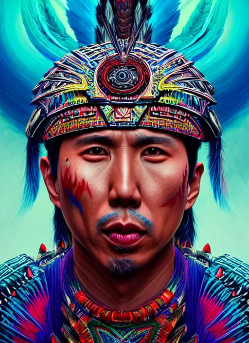 Image similar to portrait of donnie yen, hyper detailed ultra sharp aztec shaman warrior. trending on artstation, warpaint aesthetic, bloodwave, colorful, psychedelic, ornate, intricate, digital painting, concept art, smooth, sharp focus, illustration, art by artgerm and greg rutkowski and h. r. giger, 8 k