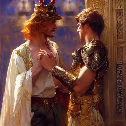 Image similar to attractive fully clothed king confesses his love for his attractive fully clothed male prince. highly detailed painting by gaston bussiere, craig mullins, j. c. leyendecker 8 k