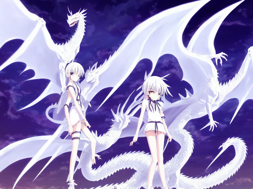 Prompt: anime art full body portrait character concept art, be surrounded by a huge silver white dragon center, in white clouds fairyland, anime key visual of white dragon and girl, finely detailed perfect face delicate, raphael lacoste, trending on pixiv fanbox, james jean, violet evergarden, studio ghibli, xision, extremely high quality artwork