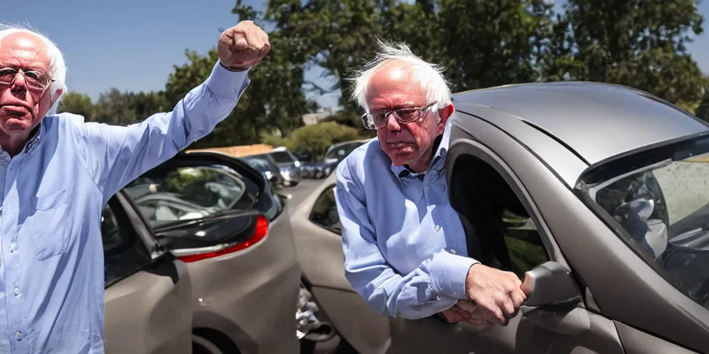 Prompt: bernie sanders, muscular, holding car above head