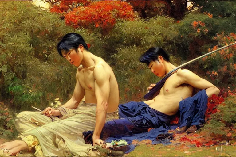 Image similar to wuxia, autumn, attractive male rest in the garden, painting by gaston bussiere, craig mullins, j. c. leyendecker