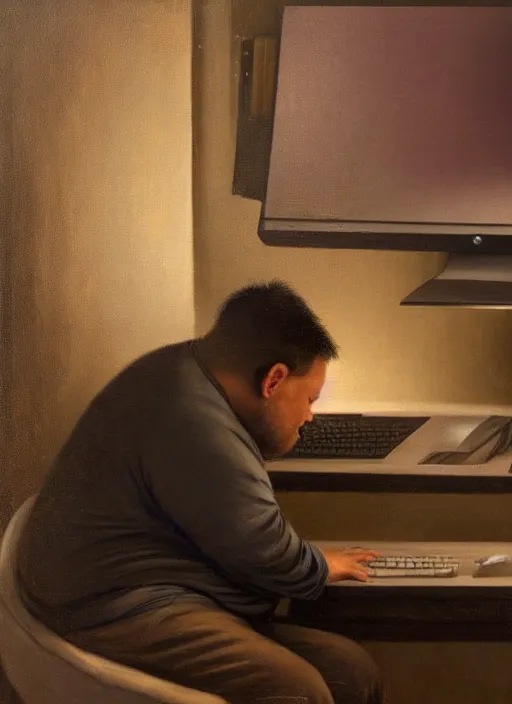 Image similar to insanely detailed chiaroscuro image of a exhausted - looking slightly ( ( ( overweight ) ) ) casually - dressed programmer guy on his knees facing his glowing ultrawide computer monitor monitor begging it for forgiveness, oil on canvas, masterwork, fine detail, trending on artstation, emotive, insanely compelling, ryden, koons, moebius