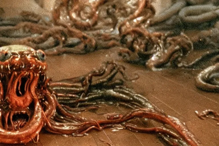 Prompt: scary filmic establishing wide shot angle movie still 35mm film color photograph of a shape shifting abstract alien organism from The Thing 1982 spewing swirling slimey tendrils all over the floor, in the style of a horror film