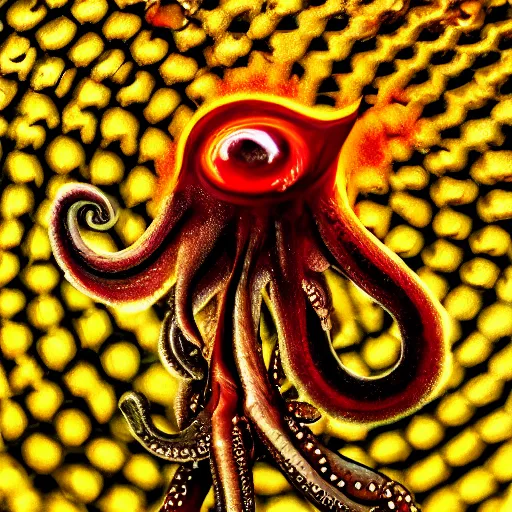 Image similar to fiery whimsical emotional eyes cephalopod, in a photorealistic macro photograph with shallow dof, in the style of a medieval bestiary