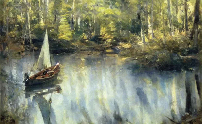 Prompt: oil painting by anders zorn, wild forest, very very very very beautiful art, dramatic light, strong shadows, reflections, boat with colorful sail and white dress