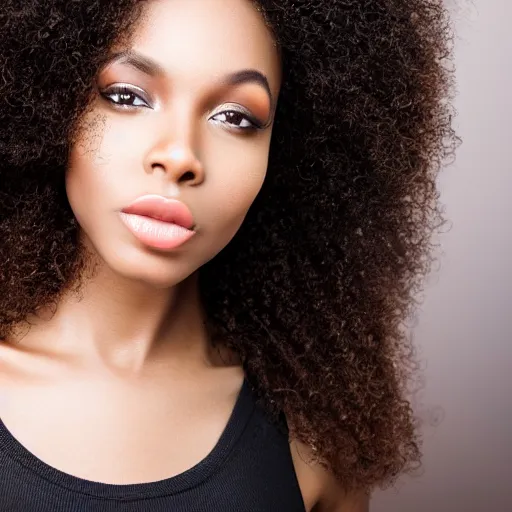 Image similar to a closeup portrait of a black woman with brown hair and brown eyes. Extremely clear and high quality eyes with reflection, realistic face and details, clear lips and high quality