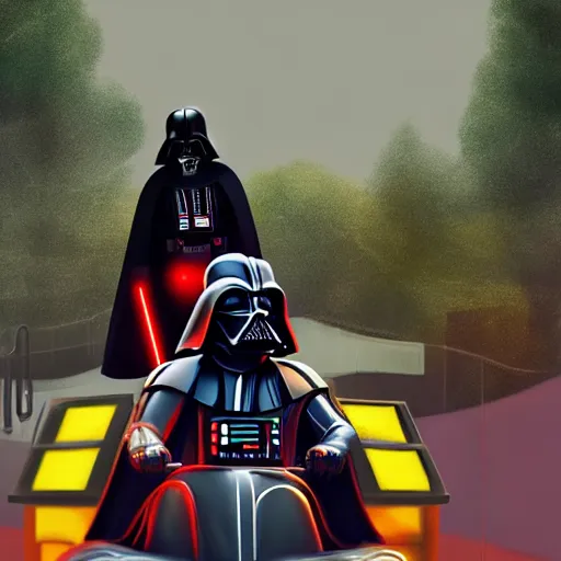 Prompt: darth vader riding bumper cars in a theme park, vibrant, digital art, trending on artstation and unreal engine