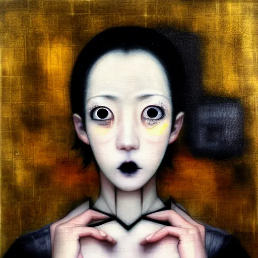 Image similar to yoshitaka amano blurred and dreamy realistic three quarter angle portrait of a young woman with black lipstick and black eyes wearing dress suit with tie, junji ito abstract patterns in the background, satoshi kon anime, noisy film grain effect, highly detailed, renaissance oil painting, weird portrait angle, blurred lost edges