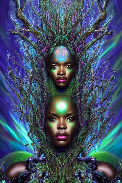 Prompt: hyperrealistic neo-maximalist super expressive! black woman with exoskeleton armor, merging with tree in a forest, highly detailed digital art masterpiece smooth cam de leon hannah yata dramatic pearlescent blue teal light ground angle hd 8k sharp focus
