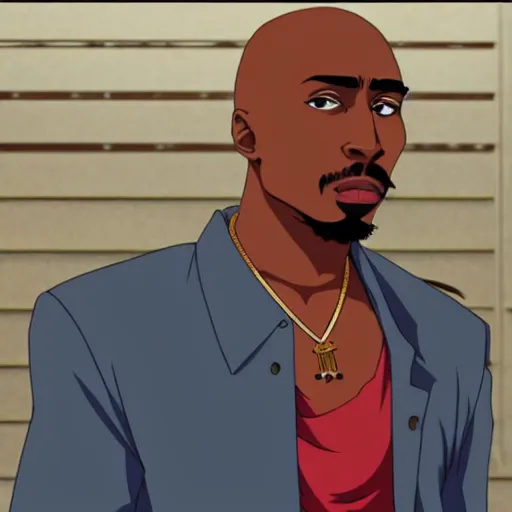 Image similar to Tupac Shakur, screenshot from a 2012s anime