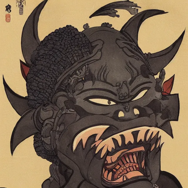 Image similar to a painting of an oni mask by katsushika hokusai, dark fantasy art, high detail, trending on artstation