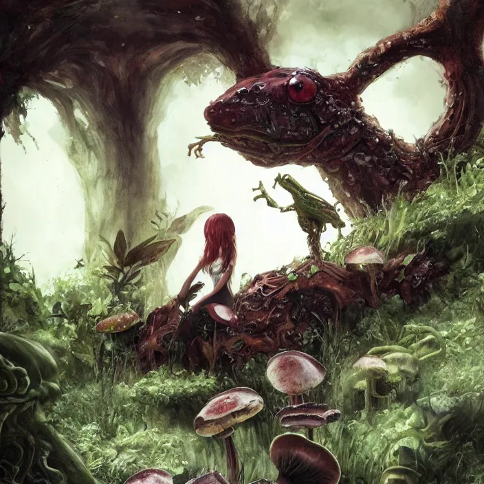 Image similar to Carnivore godlike fairy eating a frog alive , giant mushrooms , psychedel tint , Junji Ito and Greg rutkowski