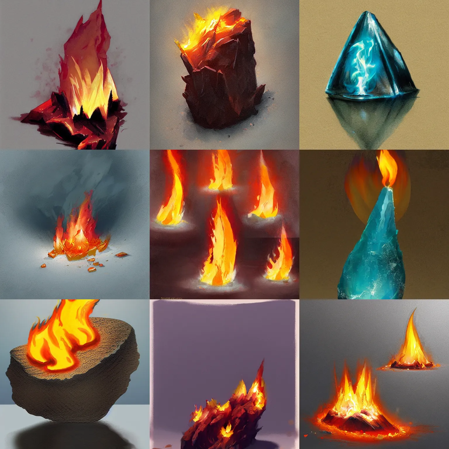 Prompt: crystal shaped like flame, flat bottom, painted by greg rutkowski