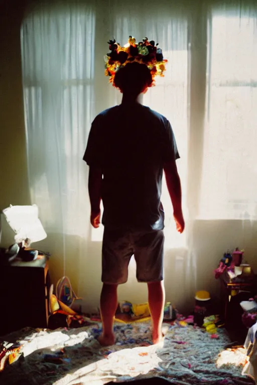 Image similar to kodak portra 4 0 0 photograph of a guy wearing a flower crown in a cluttered messy 9 0 s bedroom, back view, lens flare, moody lighting, moody vibe, telephoto, 9 0 s vibe, blurry background, grain, tranquil, calm, faded!,