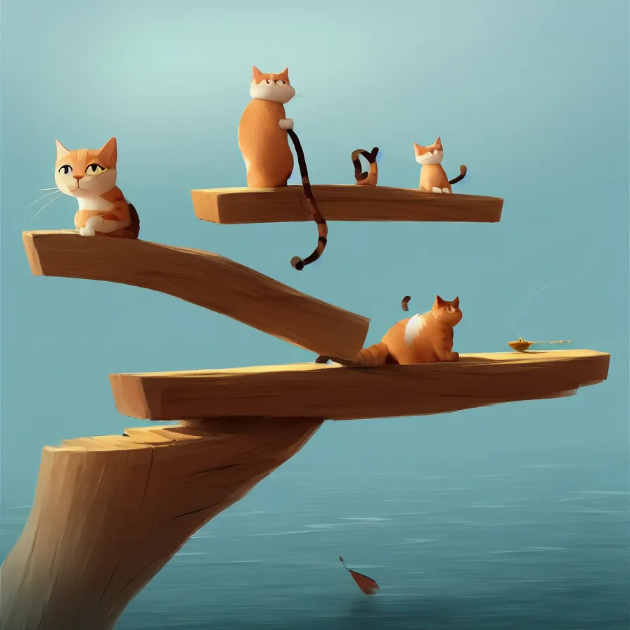 Image similar to a cat on top of a piece of wood, sailing down a river, art by Goro Fujita, ilustration, concept art, sharp focus, ArtStation, Deviantart