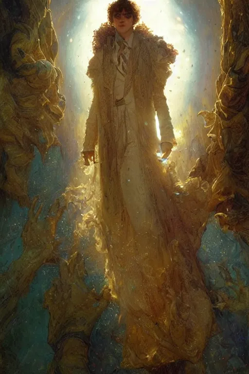 Image similar to timothee chalamet as doctor who, radiant light, caustics, heroic, bright iridescent light, by gaston bussiere, bayard wu, greg rutkowski, maxim verehin bloom dramatic lighting