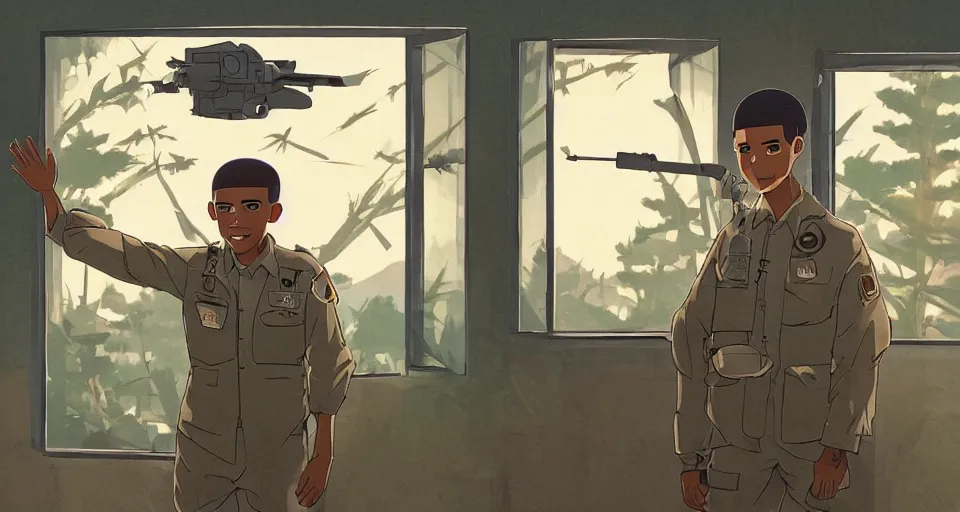 Image similar to a cozy military barack with an overgrown window, studio Ghibli style, golden hour