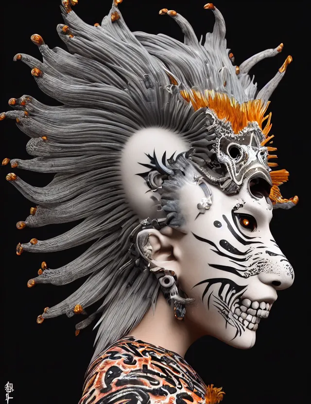 Image similar to 3 d goddess close - up profile simple portrait punk with mohawk with tiger skull. beautiful intricately detailed japanese crow kitsune mask and clasical japanese kimono. betta fish, jellyfish phoenix, bio luminescent, plasma, ice, water, wind, creature, artwork by tooth wu and wlop and beeple and greg rutkowski