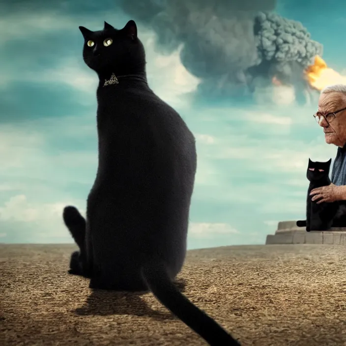 Image similar to cinematic movie close up shot, background blur bokeh, old man sitting with black cat watching nuke explosion close up!, world ending nuke, 4 k