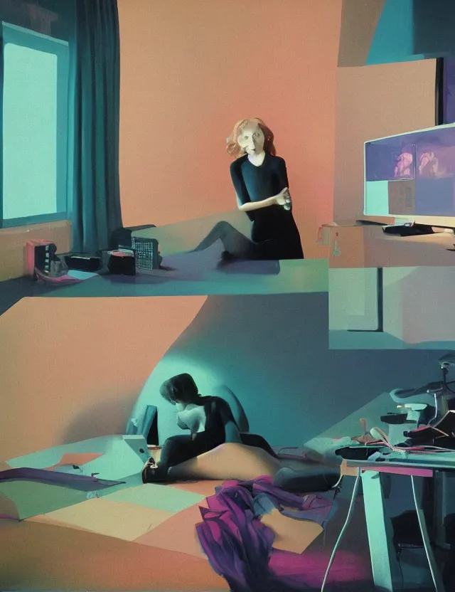 Image similar to woman playing computer games n dark room, blue rays from monitor, redshift, wide shot, coloured polaroid photograph, pastel, kodak film, hyper real, stunning moody cinematography, by maripol, fallen angels by wong kar - wai, style of suspiria and neon demon, david hockney, detailed, oil on canvas