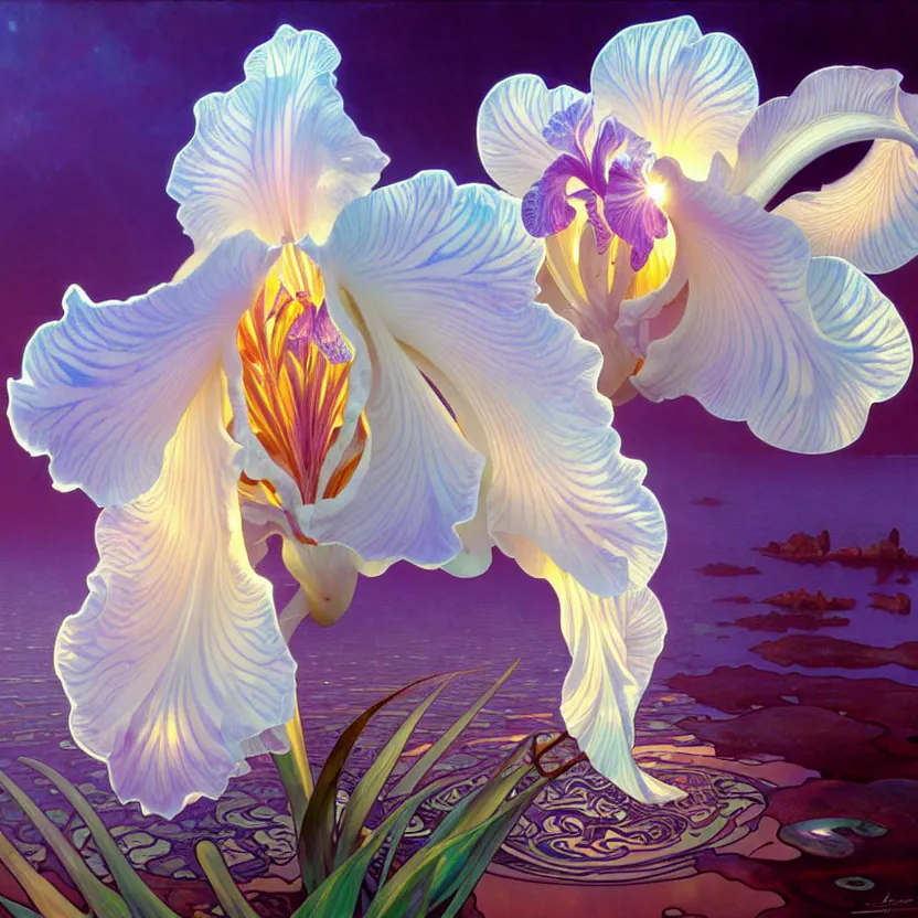 Image similar to detailed giant white holographic orchid iris hybrid flower surrounded by ocean waves, lsd water, lsd ripples, droplets, backlit, sunset, refracted lighting, art by collier, albert aublet, krenz cushart, artem demura, alphonse mucha