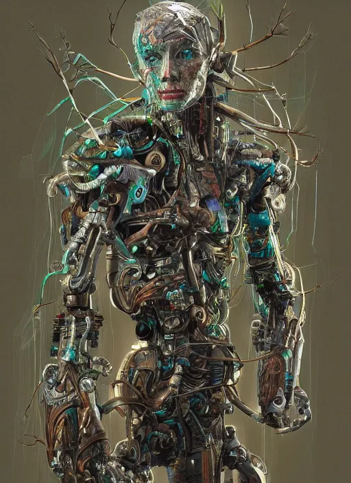 Image similar to hyper - detailed fine painting of a humanoid cyborg half cybernetic and half made of plants and wood, concept art magical highlight