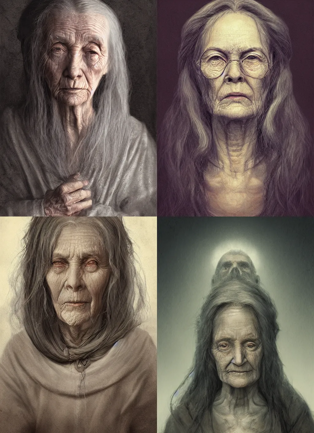 Prompt: portrait of a gentle and wise old woman with long hairs in alan lee and marc simonetti and emil melmoth style , cinematic lighting