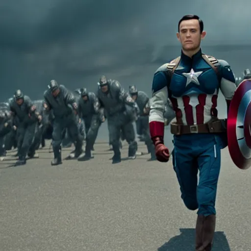 Image similar to film still of Joseph Gordon Levitt as captain America in new avengers film, 4k