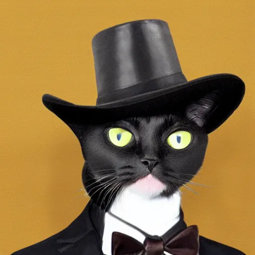 Image similar to a cat gentleman wearing a black leather hat, frontal view, cool looking