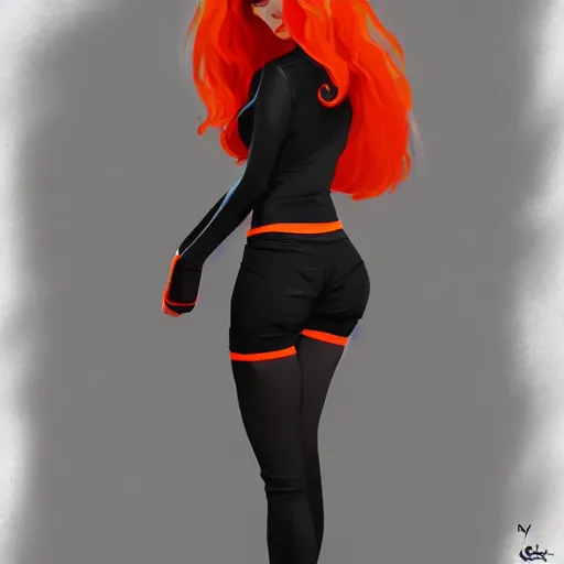 Image similar to a woman wearing black and orange clothes, full body shot, red hair, highly detailed, digital painting, artstation, concept art, smooth, sharp focus, illustration