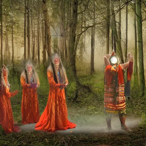 Image similar to Shamanistic ritual being performed in a clearing the middle of the woods. A full moon is in the sky. A scrying mirror is in the middle of the circle. Ornate costumes are worn by the participants. Digital art.