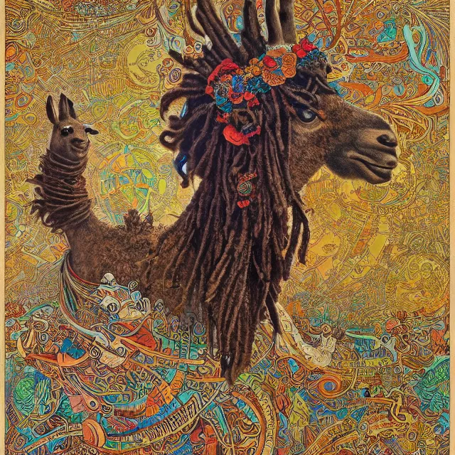 Prompt: llama with dreadlocks, detailed, by ernst haeckel, james jean, el anatsui, mandy jurgens, alphonse mucha, maxfield parrish