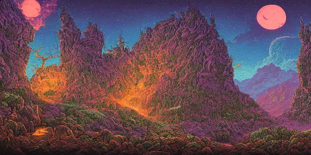 Image similar to a fantasy landscape by Dan Mumford