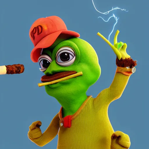 Image similar to a 3 d render of a pepe dressed in hippie clothes and smoking a blunt, digital art, octane render, cinematic lightning, 8 k, trending artstation