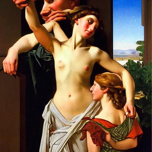 Image similar to biblical david and goliath are actually good friends and are having a pint together, by j. c. leyendecker, tamara de lempicka, bouguereau