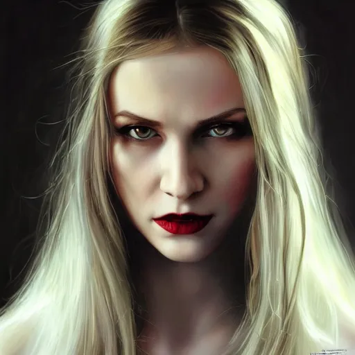 Prompt: close up face of a extremely!!!! beautiful bond female VAMPIRE portrait, oil on canvas, artgerm, norman rockwell, craig mulins, trending on pxiv,