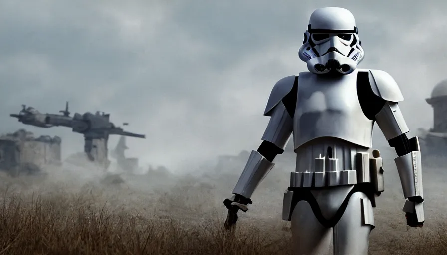 Image similar to Photorealistic Rendering of a Stormtrooper in World War!! 2 on a battlefield between ruins, Wallpaper, Hyperdetailed, Raytraced, Haze, Style of Claude Monet