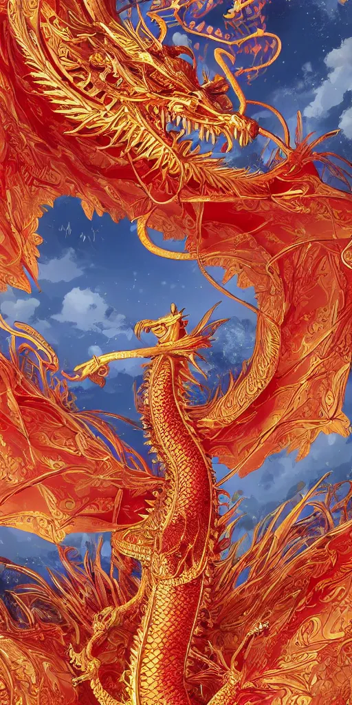 Prompt: golden paper + an intricate dragon depiction + symmetry + elaborate red illustration by makoto shinkai, wu daozi, very detailed, deviantart, 8 k vertical wallpaper, tropical, colorful, airy, anime illustration, anime nature wallpap