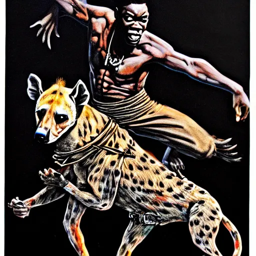 Prompt: fela kuti riding an hyena by clyde caldwell, very detailed, low contrast, dramatic, 4 k