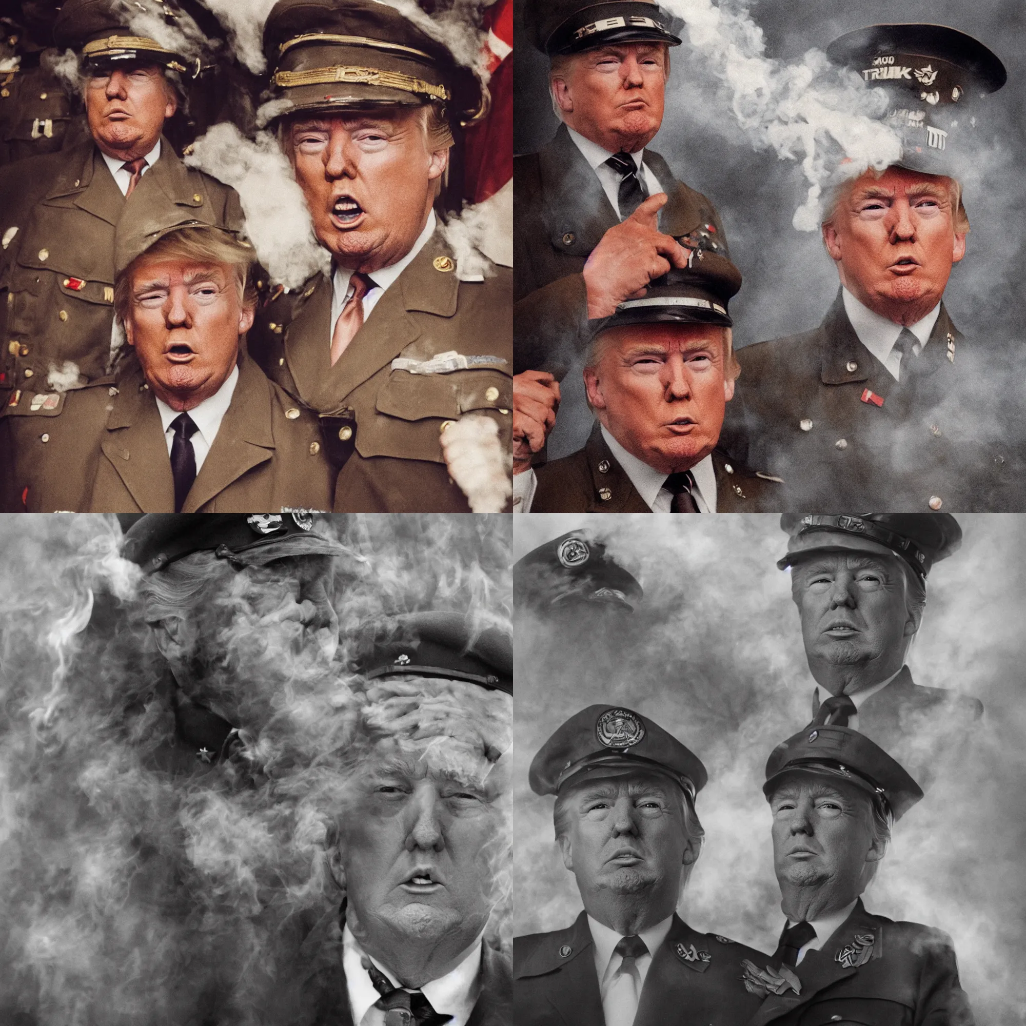 Prompt: portrait photograph of Donald Trump, wearing brown german Reichsführer WWII outfit, off-camera flash, canon 35mm lens, f8 aperture, color Ektachrome photograph, (smoke), hdr detail