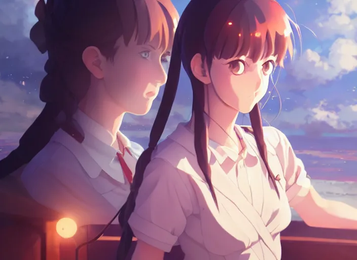 Image similar to portrait of girl maria, helm of second world war warship in background, illustration concept art anime key visual trending pixiv fanbox by wlop and greg rutkowski and makoto shinkai and studio ghibli and kyoto animation, symmetrical facial features, astral witch clothes, golden details, gapmoe yandere grimdark, volumetric lighting, backlit